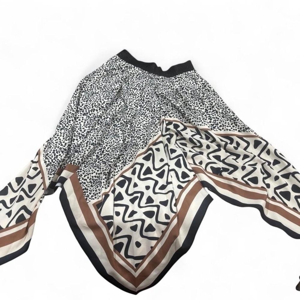 Scusi Mixed‎ Print Handkerchief Hem Midi Skirt Dalmatian Geometric Black Tan